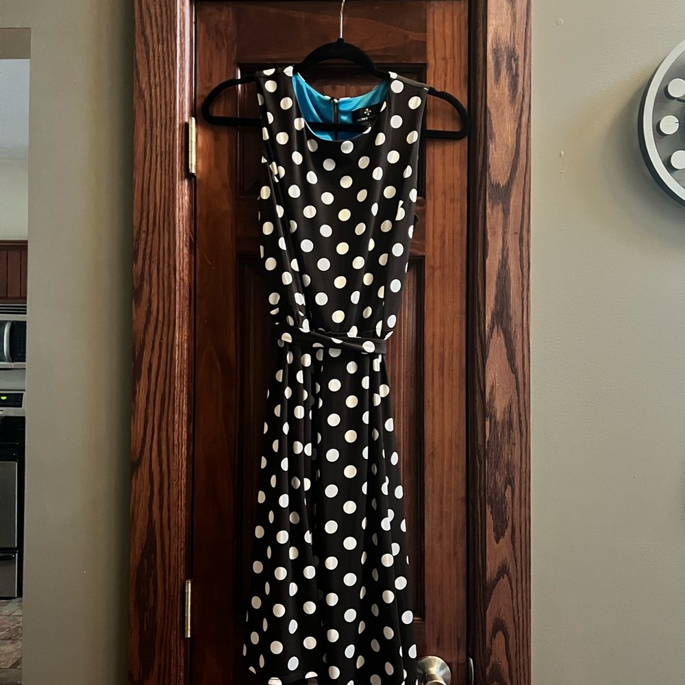 Knee Length Dress Ronni Nicole Black with white polka dots Size 8 Belted